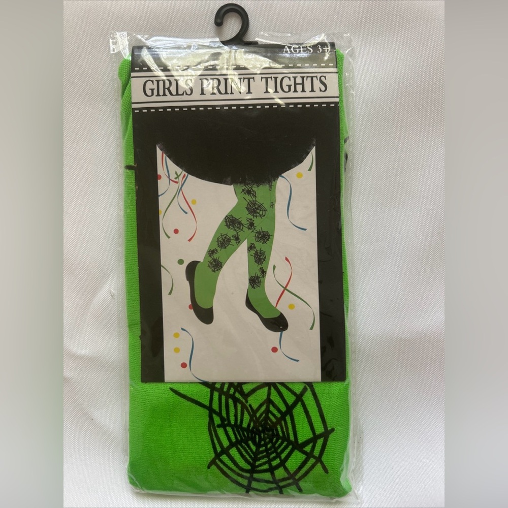 Girls Green With Black Spider Print Tights 3+ Halloween Costume